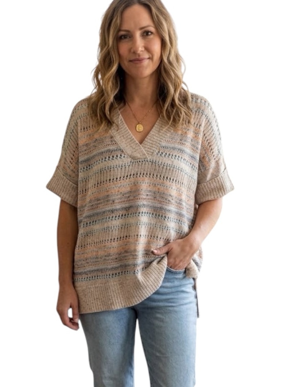 Soft Surroundings Open Knit V Neck Short Sleeve Cotton Sweater Neutral Striped L